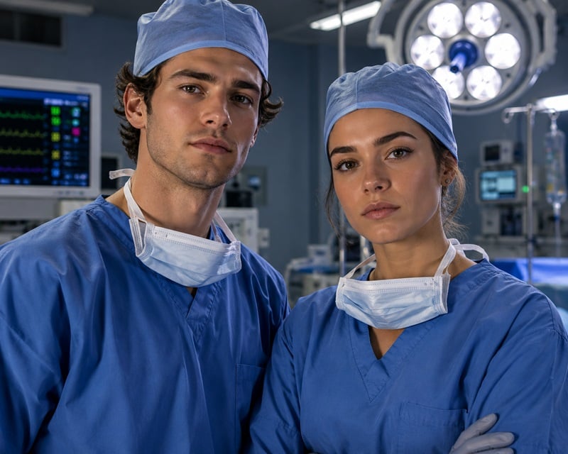 Photo of two oral surgeons in blue medical scrubs